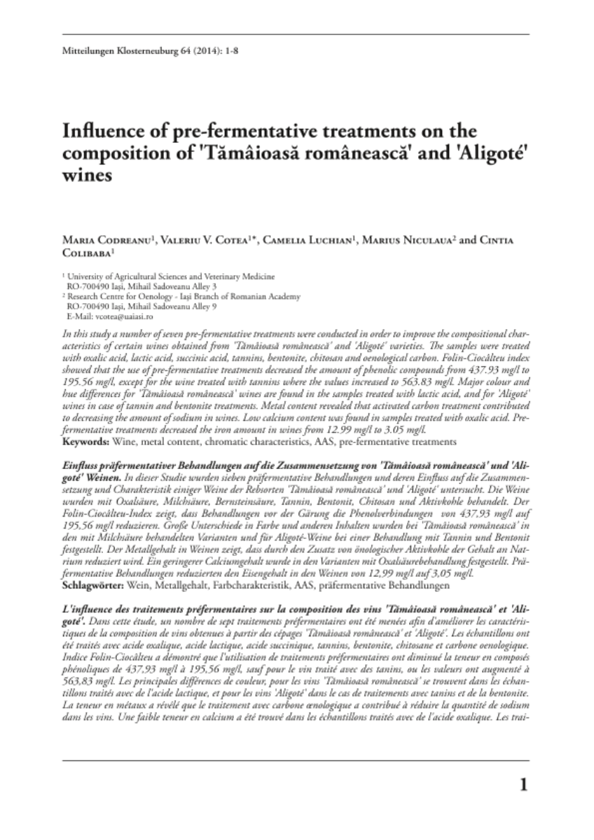Influence of pre-fermentative treatments on the composition of ‚Tamaioasa romaneasca‘ and ‚Aligote‘ wines