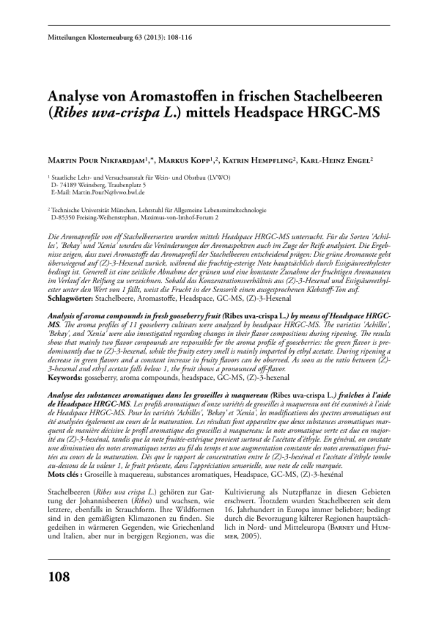Analyse von Aromastoffen in frischen Stachelbeeren (Ribes uva-crispa L.) mittels Headspace HRGC-MS