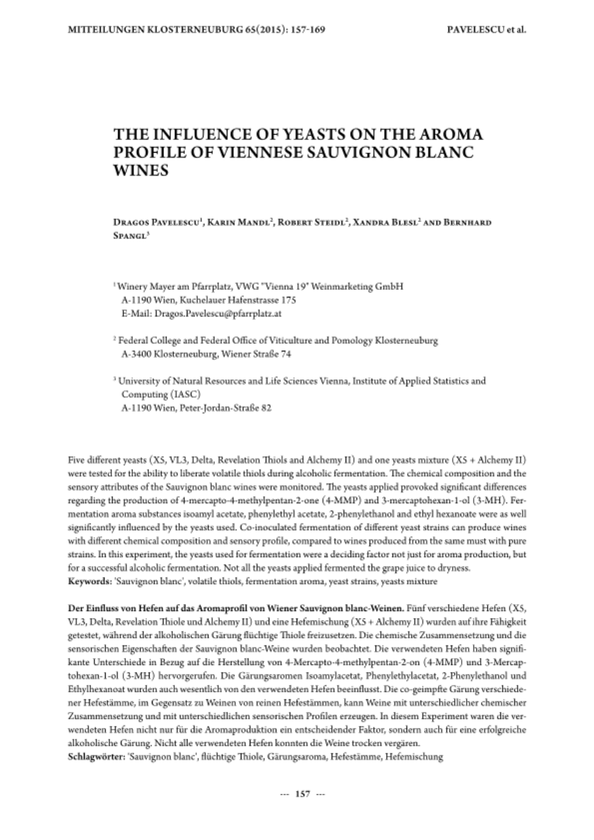 The influence of yeasts on the aroma profile of Viennese Sauvignon blanc wines