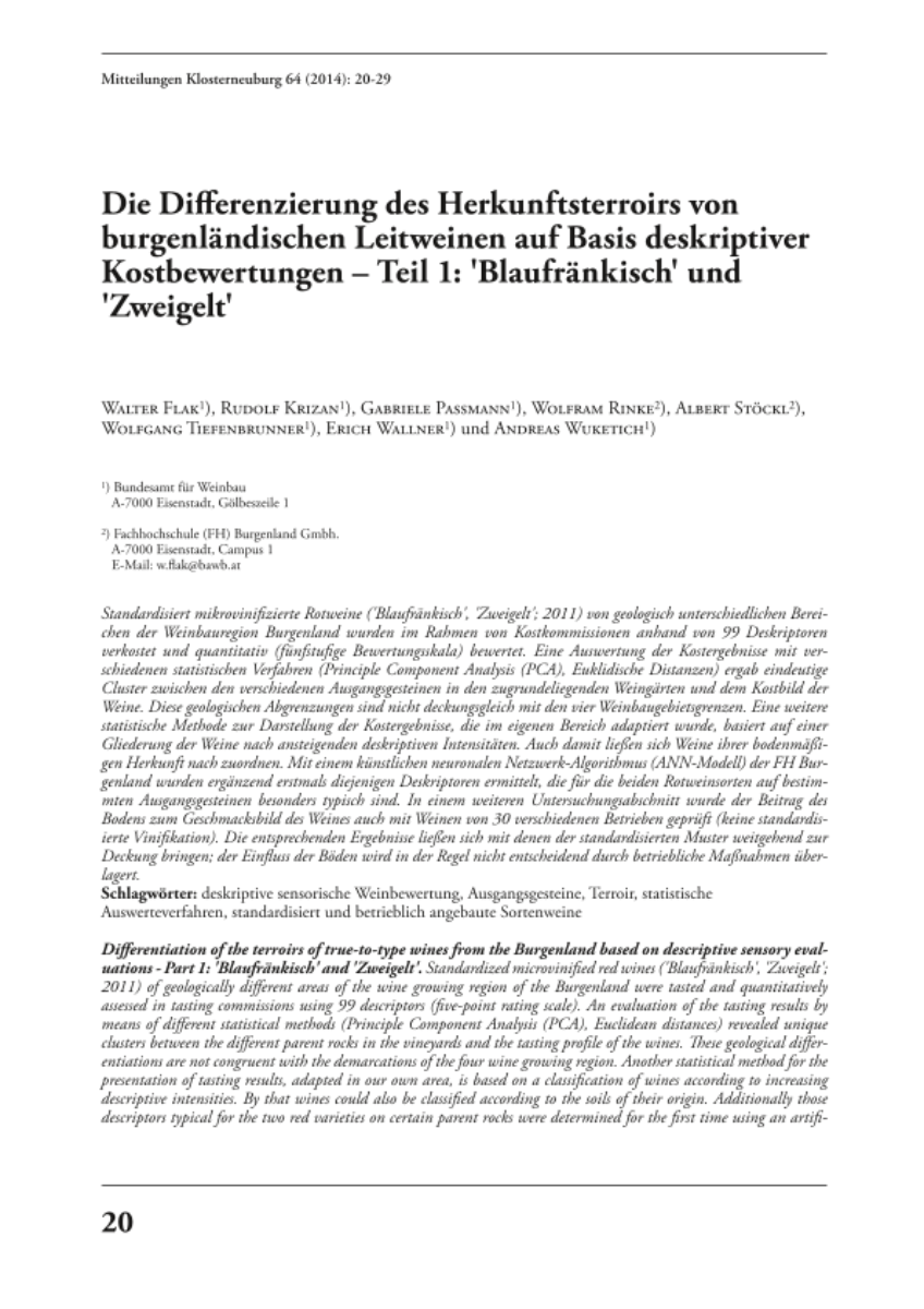 Die Differenzierung des Herkunftsterroirs von burgenländischen Leitweinen auf Basis deskriptiver Kostbewegungen – Teil 1: ‘Blaufränkisch‘ und ‚Zweigelt‘