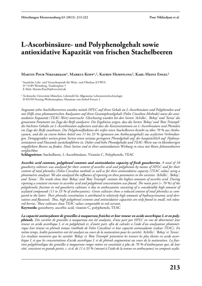 L-Ascorbinsäure- und Polyphenolgehalt sowie antioxidative Kapazität von frischen Stachelbeeren