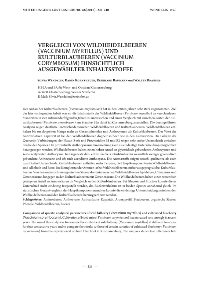 Vergleich von Wildheidelbeeren (Vaccinium myrtillus) und Kulturblaubeeren (Vaccinium corymbosum) hinsichtlich ausgewählter Inhaltsstoffe