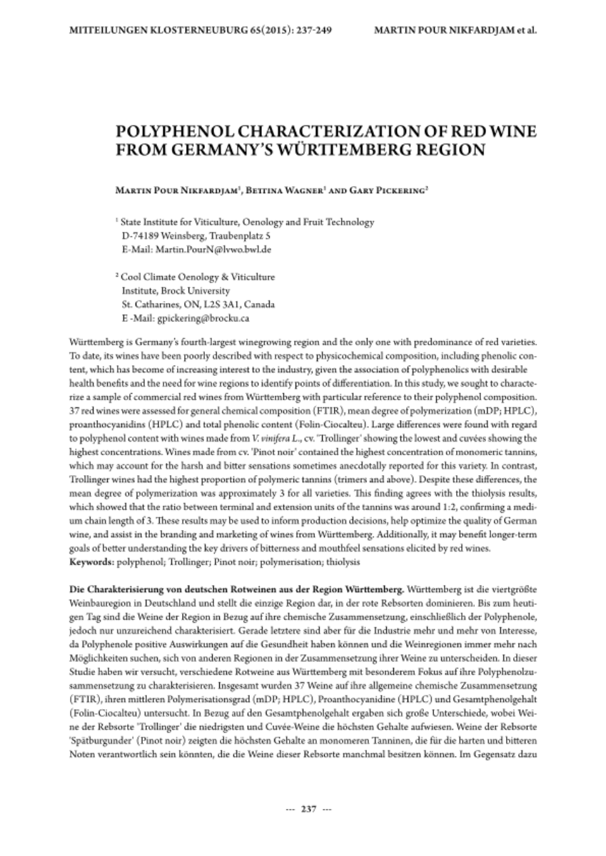 Polyphenol characterization of red wine from Germany’s Württemberg region
