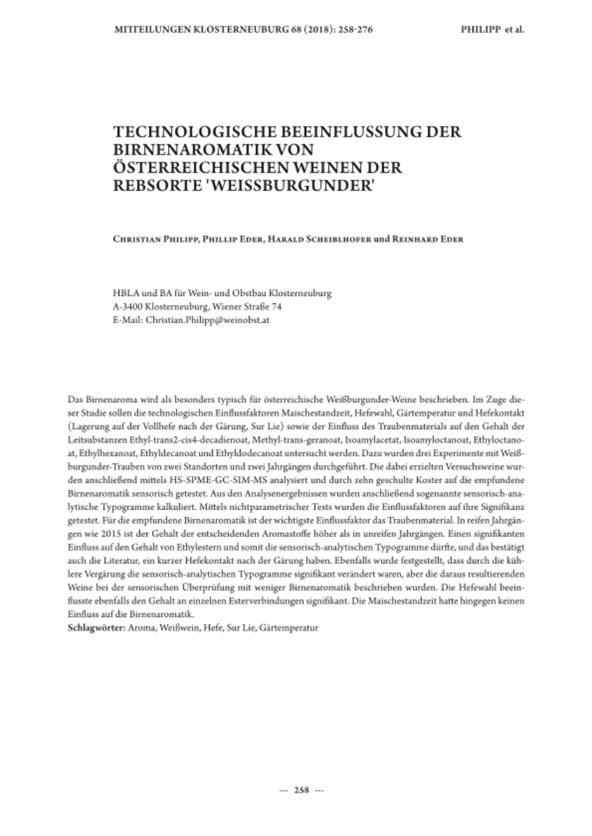 Technologische Beeinflussung der Birnenaromatik von österreichischen Weinen der Rebsorte "Weissburgunder"