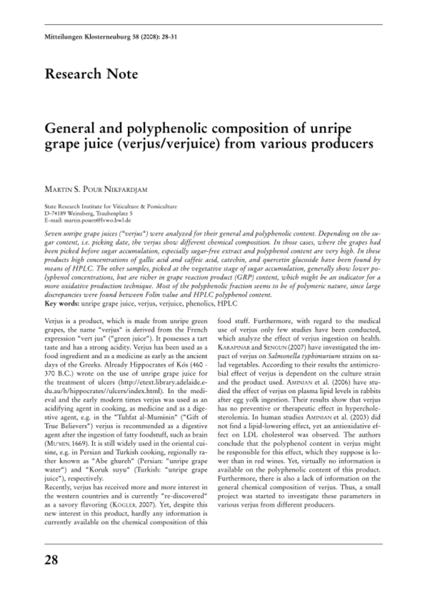 General and polyphenolic composition of unripe grape juice (verjus/verjuice) from various producers