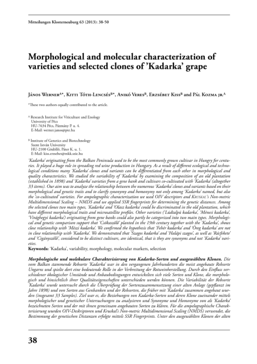 Morphological and molecular characterization of varieties and selected clones of ’Kadarka’ grape