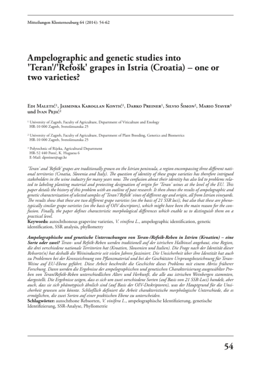Ampelographic and genetic studies into ‘Teran’/’Refosk’ grapes in Istria (Croatia) – one or two varieties?