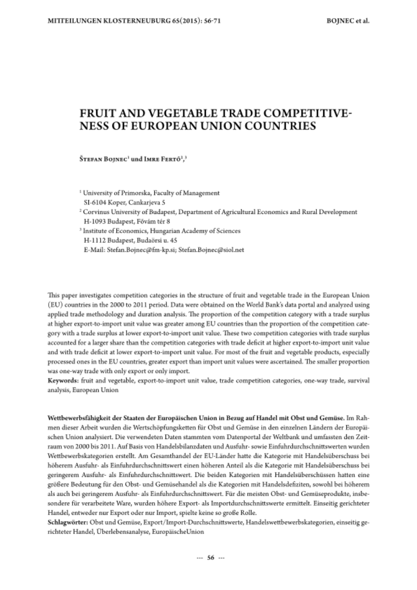 Fruit and vegetable trade competitiveness of European Union countries