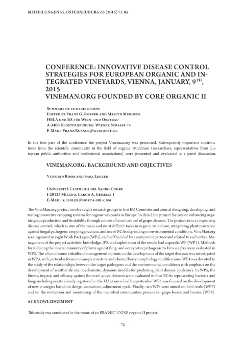 Conference: Innovative disease control strategies for European organic and integrated vineyards, Vienna, January, 9th, 2015 Vineman.org founded by CORE Organic II.