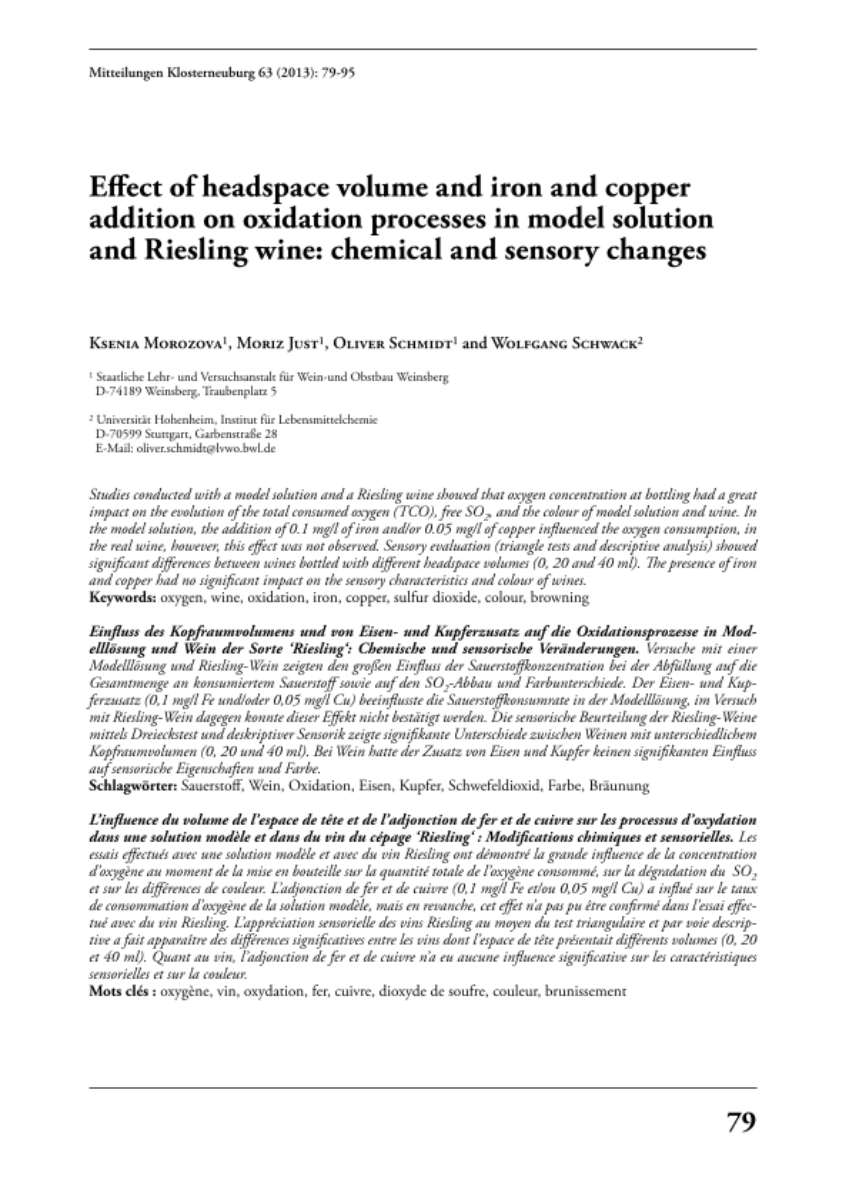 Effect of headspace volume and iron and copper addition on oxidation processes in model solution and Riesling wine: chemical and sensory changes