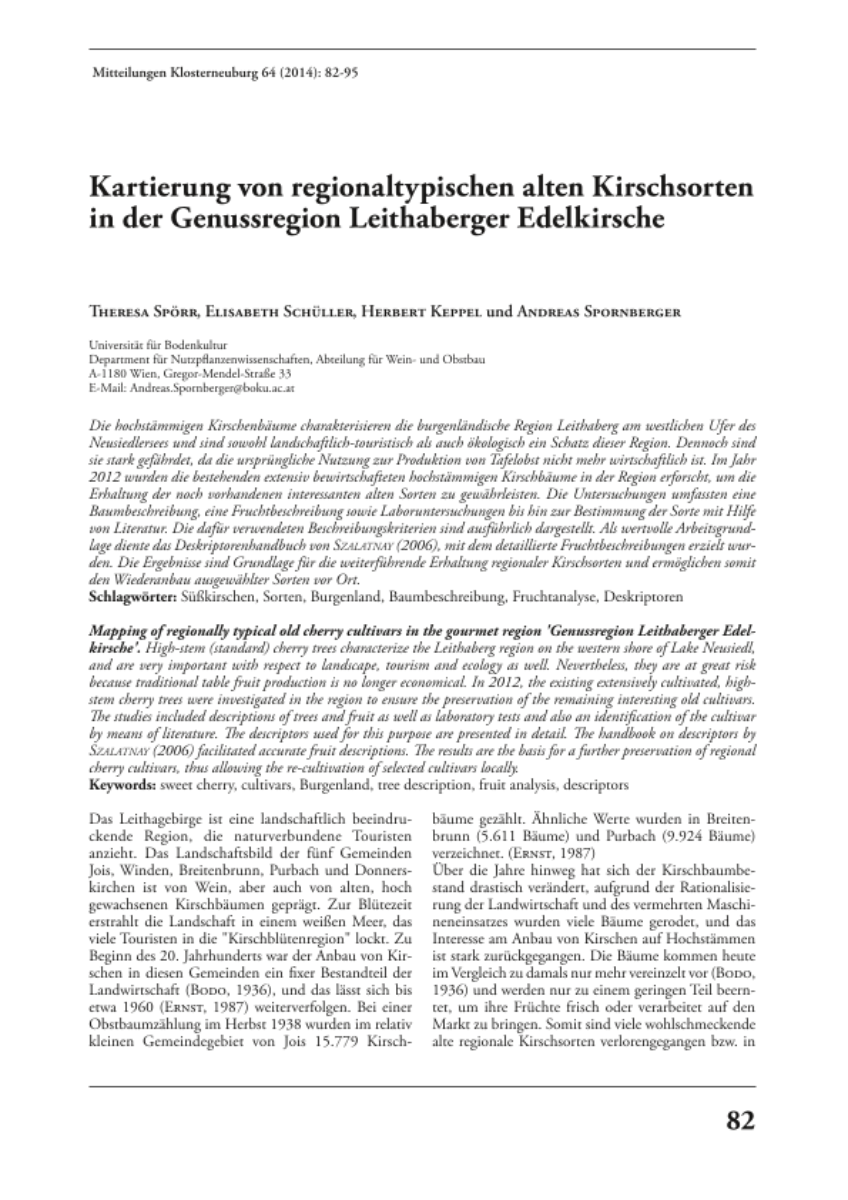 Kartierung von regionaltypischen alten Kirschsorten in der Genussregion Leithaberger Edelkirsche
