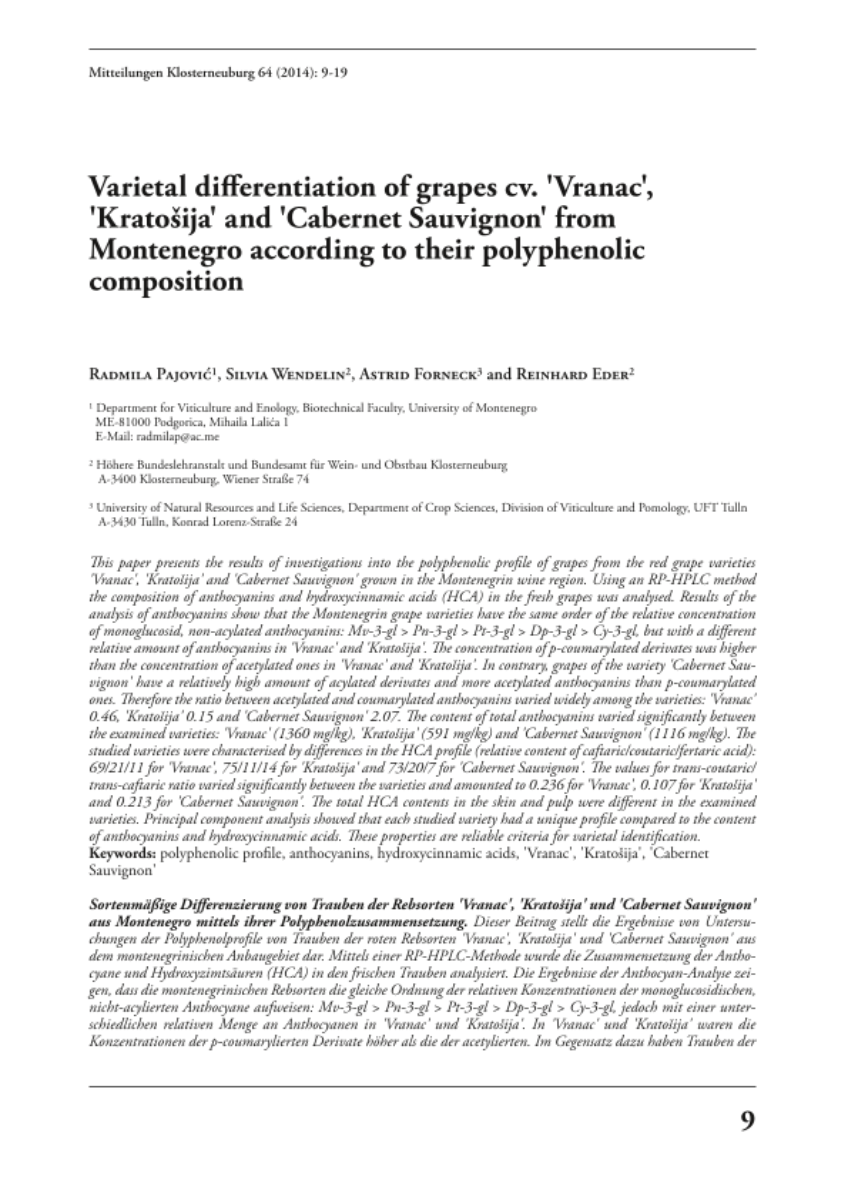Varietal differentiation of grapes cv. ‘Vranac’, ‘Kratosija’ and ‘Caberent Sauvignon’ from Montenegro according to their polyphenolic composition