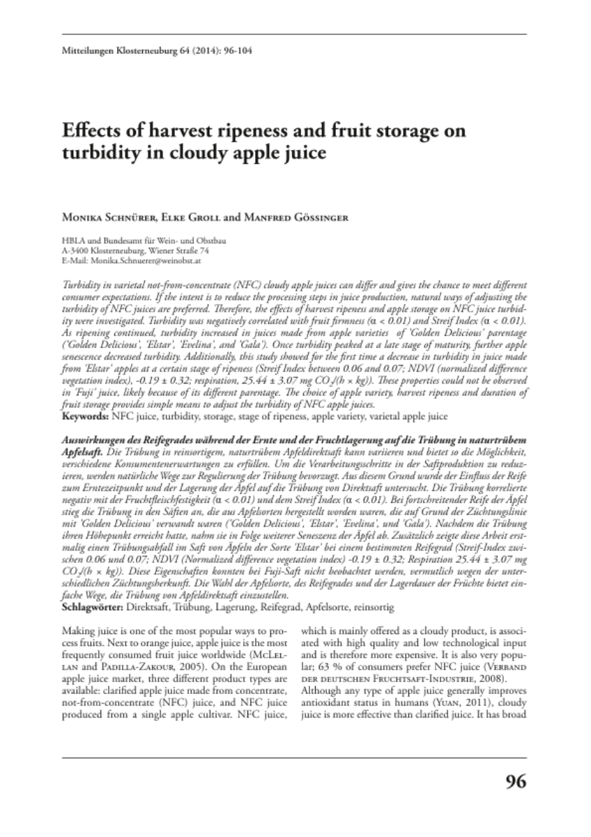 Effects of harvest ripeness and fruit storage on turbidity in cloudy apple juice