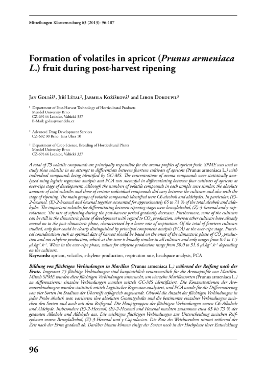 Formation of volatiles in apricot (Prunus armeniaca L.) fruit during post-harvest ripening